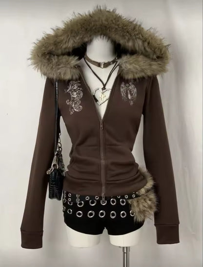 Chaqueta Y2K Marrón Con Capucha