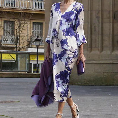 VESTIDO “PURPLE DREAM™” – ESCOTE EN V Y ESTAMPADO EXCLUSIVO LARGO ELEGANTE