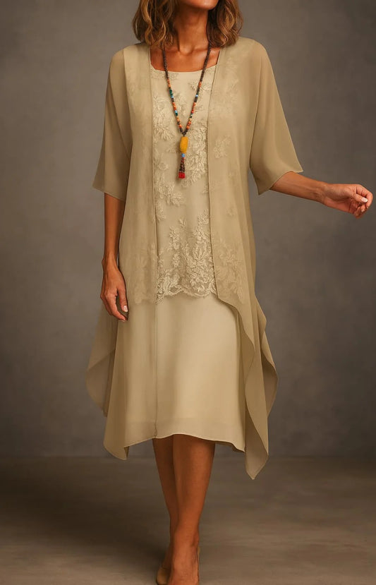 VALERIA VESTIDO CON ENCAJE Y ESTOLA FLUIDA