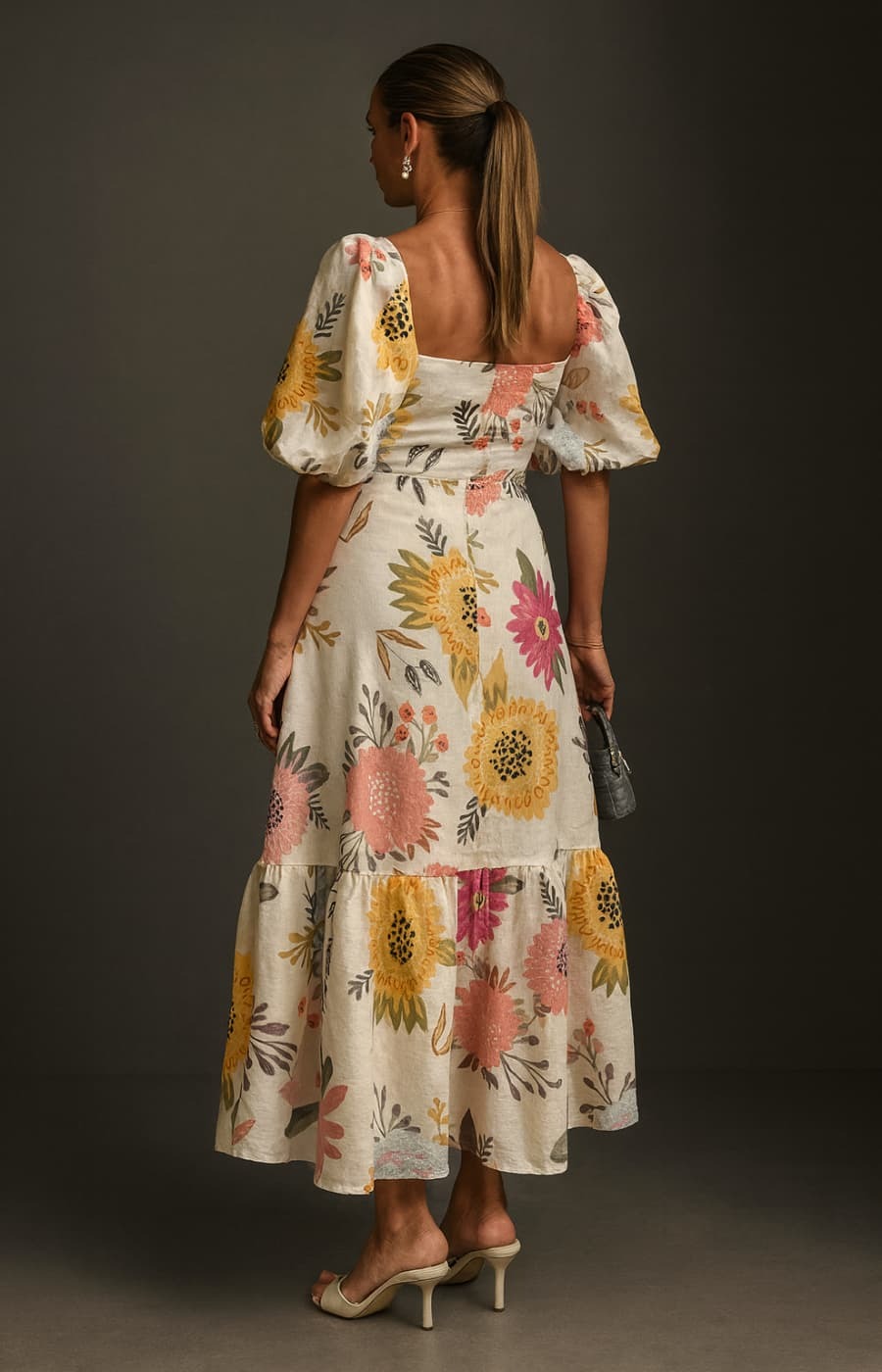 MARÍA VESTIDO MIDI FLORAL CON MANGAS ABULLONADAS