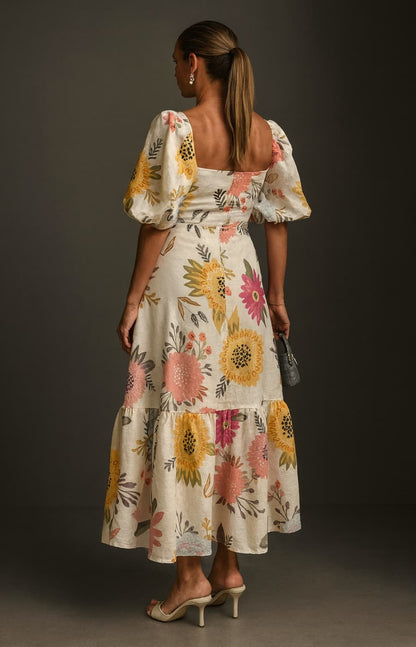 MARÍA VESTIDO MIDI FLORAL CON MANGAS ABULLONADAS