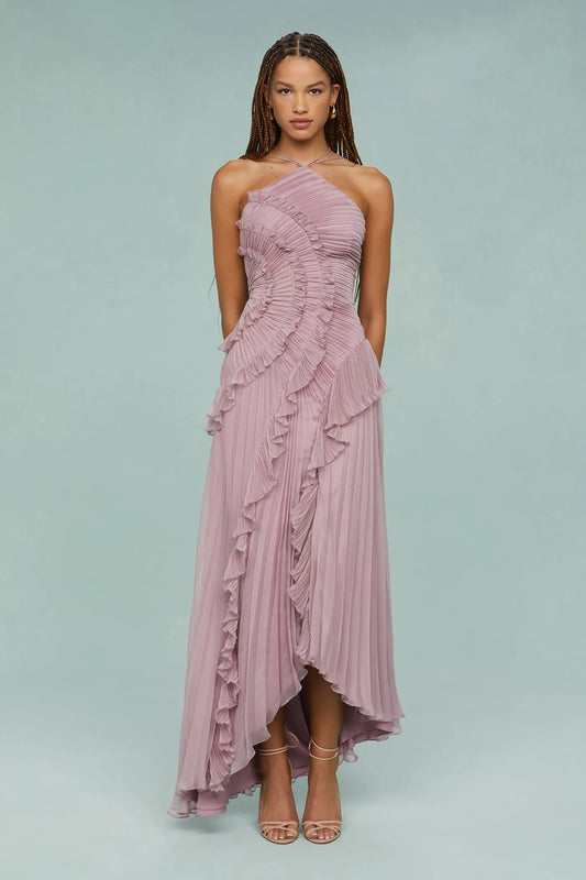 VESTIDO MIDI PLISADO FRILLÉA CON CUELLO HALTER Y VOLANTES
